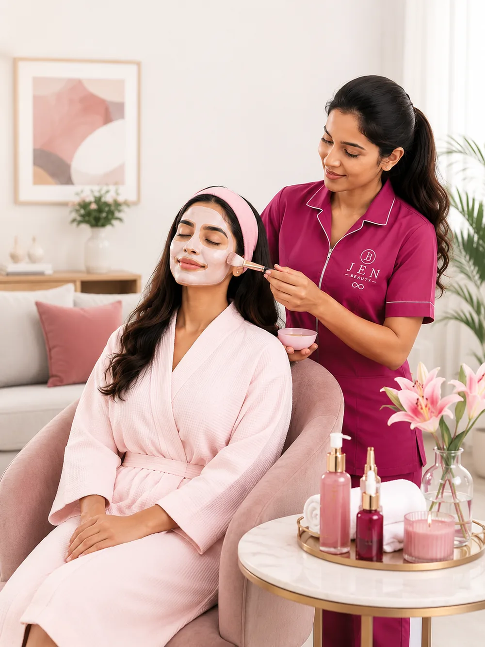 A Jen Beauty professional giving a facial at a customer's home